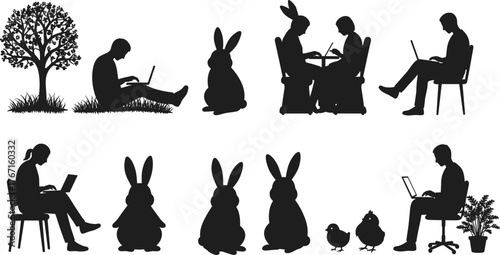 Silhouette rabbits and people with laptops, digital lifestyle art, modern technology contrast, animals using computers, creative anthropomorphic design, work nature balance