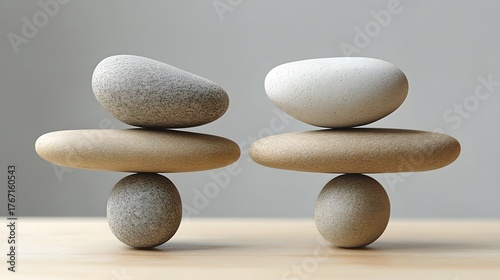 Two balanced rock formations symbolize stability and equilibrium. The arrangement of stones evokes feelings of harmony and tranquility, perfect for mindful motivation and resilience.