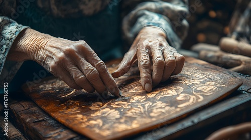 Elderly hands rest on intricately carved wood, showcasing artistry and experience. Floral patterns adorn the wood, symbolizing growth and enduring legacy. Human motivation: Legacy.