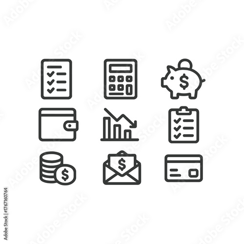 Budget icon set features simple outline icons for costeffective financial visuals, ideal for finance and moneyrelated design projects. Great for budgeting concepts.