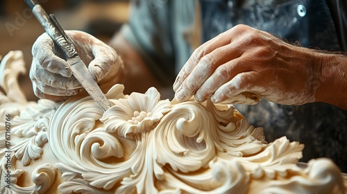 Artisan crafting intricate wood details. A craftsman's hands shape light-colored wood into delicate floral patterns. Motivation: Skill and achievement. Handcrafted beauty arises.
