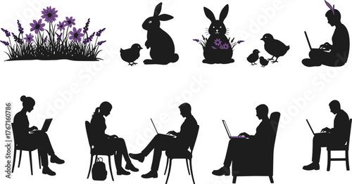 Silhouette rabbits, people with laptops, purple flowers digital art, modern lifestyle contrast, animals and humans technology theme, creative nature tech illustration