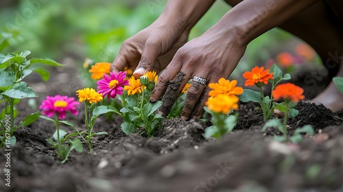 Hands adorned with soil plant vibrant flowers, showcasing growth and new beginnings. A ring sparkles amidst the earth, representing dedication and the human connection to nature.