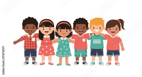 Diverse Happy Children Embracing - Friendship Unity Kids Vector Illustration