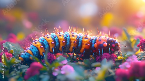 Vibrant caterpillar crawling through lush greenery and blossoms, a captivating close-up showcasing nature's artistry. Inspires curiosity and appreciation for the natural world. Eagerness.