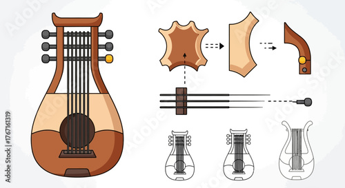 Ancient Lyre Instrument and Its Construction Diagram.
