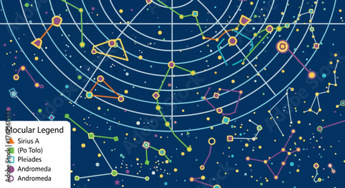 Astronomical star chart with constellations and celestial grid.