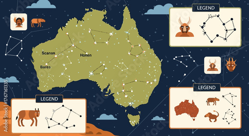 Australian Map with Indigenous Constellations and Wildlife.