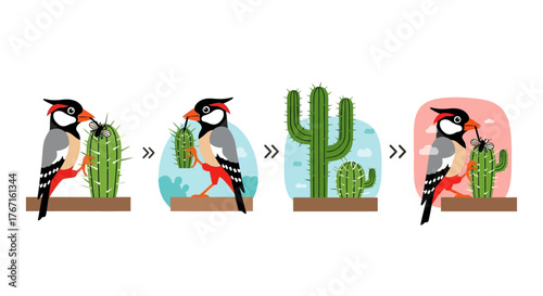 Birds interacting with cactus plants in a desert environment showing stages.