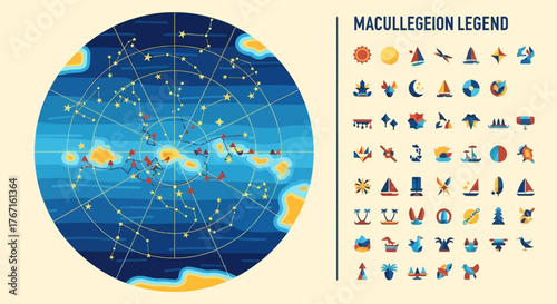 Celestial sphere map with constellations and legend of symbols.