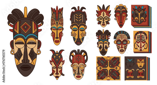 Collection of diverse African tribal masks and art pieces.
