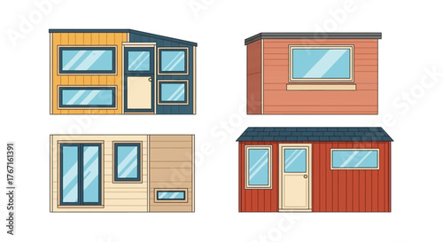 Collection of modern and traditional shed designs and small house exteriors.