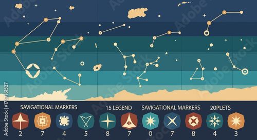 Detailed celestial map with various constellations and astronomical markers.