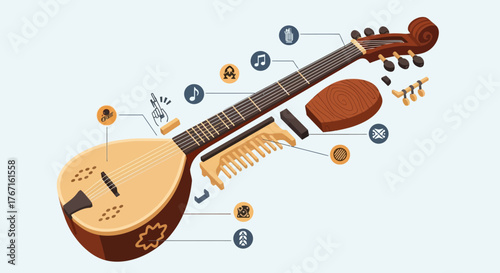 Detailed Diagram of a Traditional Indian Tanpura Musical Instrument.