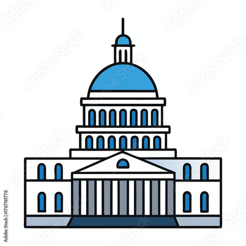 The Capitol Building stands tall with a grand dome and elegant columns, symbolizing democracy and governance, where important national laws and decisions are made.
