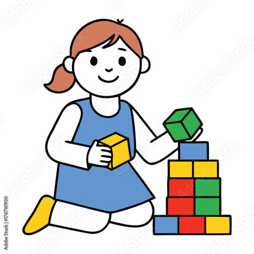 A cheerful girl plays with colorful building blocks, stacking and creating shapes with joy and imagination, developing her creativity, focus, and problem-solving skills.

