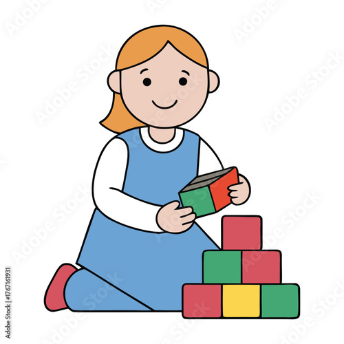A cheerful girl plays with colorful building blocks, stacking and creating shapes with joy and imagination, developing her creativity, focus, and problem-solving skills.
