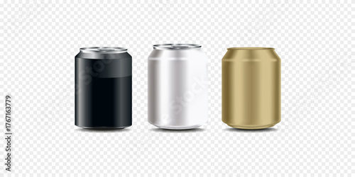 Vector realistic 3d empty glossy metal white, black and silver beer pack or can set visual 330ml. Can be used for lager, alcohol, soft drink, soda, fizzy pop, lemonade, cola, energy drink