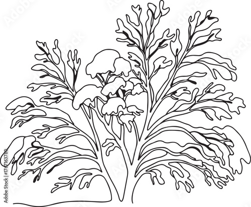 Snow-Covered Tree Line Art – Minimal Winter Landscape with Bare Branches and Snow Outline