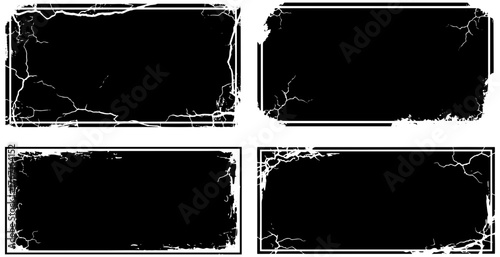 Four distressed black grunge frames with cracked textures for vintage design elements
