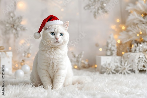 Charming white cat with blue eyes wearing a Santa hat sitting among elegant Christmas decorations and warm bokeh lights. Symbol of festive joy, peace, and companionship during the holiday season.