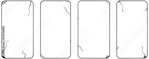 Blank cracked phone screen outlines ready for digital design overlays and grunge effects vector set