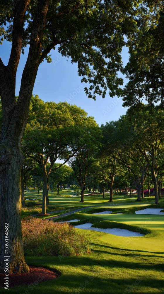 Obraz premium golf. Ancient golf course green glowing in morning light, manicured grass surface. event key visuals, club posters, designed for fitness apps and gym onboarding, used by fitness trainers.