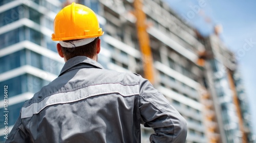 A construction worker in a hard hat stands in front of a high-rise building under construction.