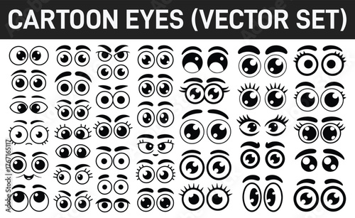 Collection of black and white cartoon eyes in a vector set illustration