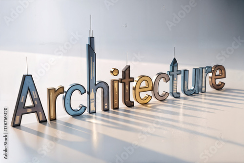 Stunning architectural design concept with skyscraper letters casting dynamic shadows, perfect for innovative branding and showcasing modern urban planning