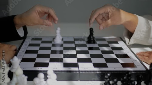 Two business women play a game of chess to be a concept of business competition and problem solving For always good results.	