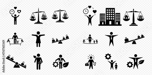 Collection of stick figure icons depicting work-life balance, family, and career concepts.