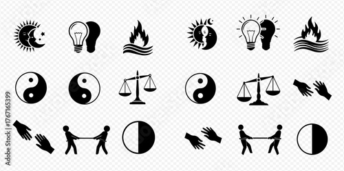 A collection of black and white icons representing various concepts such as balance, duality, and energy.
