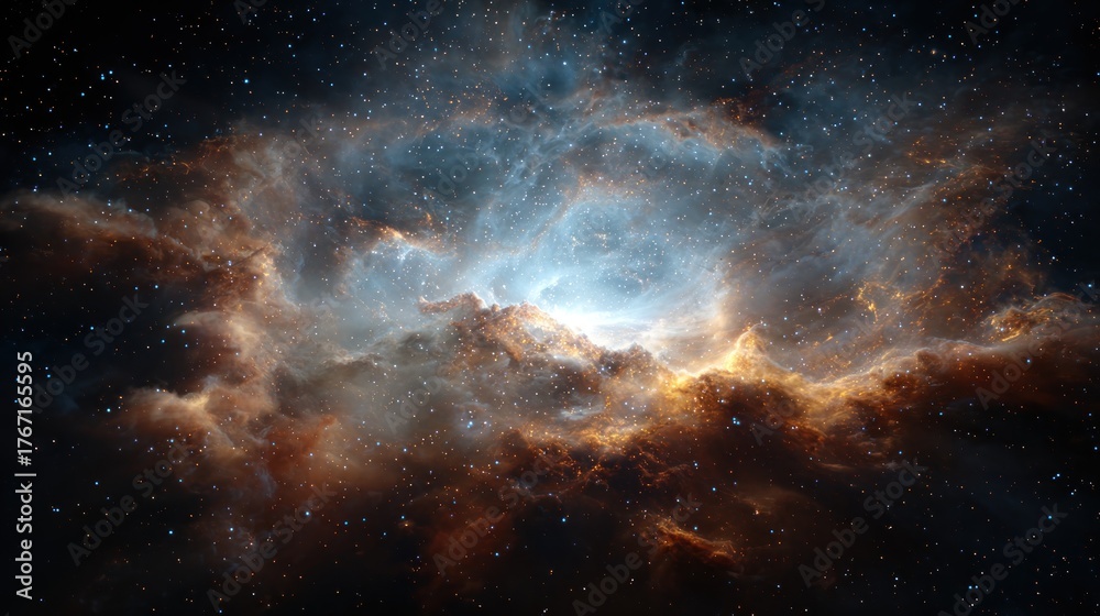 Fototapeta premium A vast, cosmic nebula with a central bright spot and a dense cloud of gas and dust.
