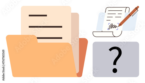 Opened folder with documents, signed paper with pen, and question mark block. Ideal for organization, paperwork, decision-making, recordkeeping, legal uncertainty content. Simple flat metaphor