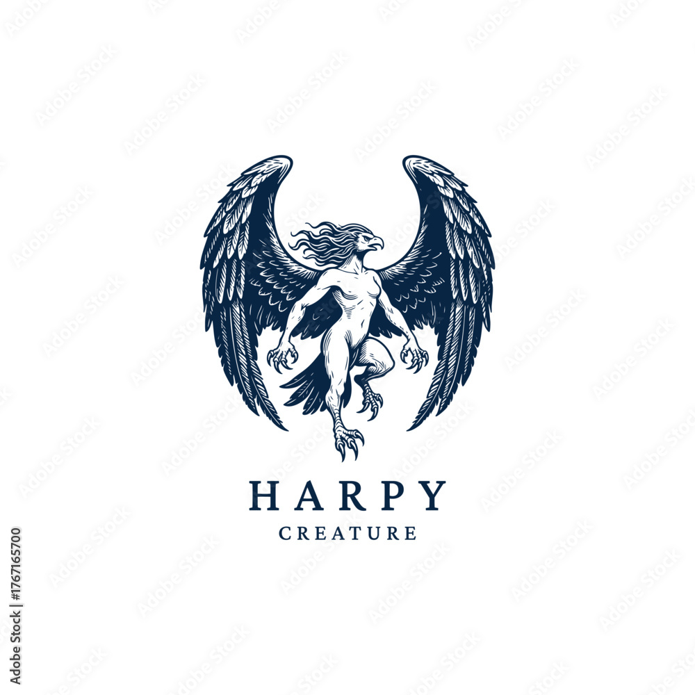 Obraz premium Fierce Harpy (Harpia) creature illustration from Greek mythology, rendered in a detailed vintage engraving or woodcut style. This powerful mythological design features a winged human-bird hybrid