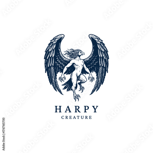 Fierce Harpy (Harpia) creature illustration from Greek mythology, rendered in a detailed vintage engraving or woodcut style. This powerful mythological design features a winged human-bird hybrid