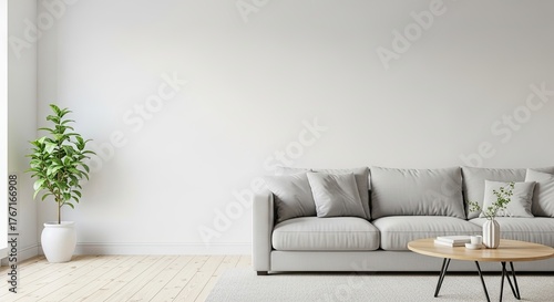 A minimalist living room with a white couch, coffee table, and potted plant.