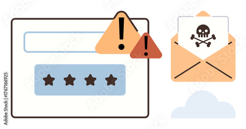 Password input with star symbols, caution signs, and malicious email with skull. Ideal for cybersecurity, phishing, hacking, data protection, online safety, digital threat alert simple flat metaphor