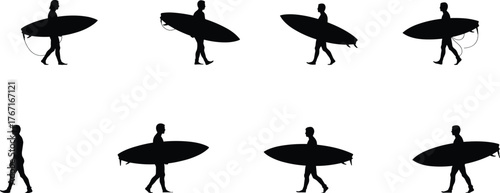 Foto Surfer silhouettes walking with surfboards, ocean lifestyle, beach adventure, su
