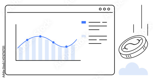 Line chart with growth curve in browser window and falling coin. Ideal for investment, finance, trading, analytics, business growth, economic trends, technology. Simple flat metaphor