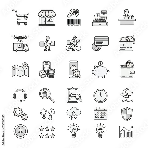 A collection of 30 line art icons representing various aspects of e-commerce and business operations.