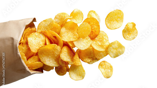 A bag of potato chips with crispy golden chips spilled out on surface isolated on white background