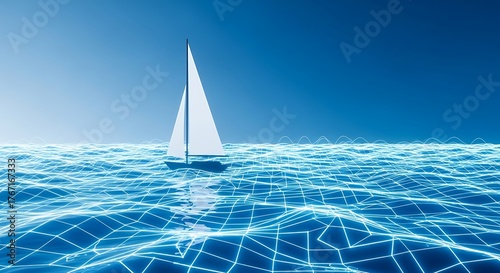 Fototapeta Naklejka Na Ścianę i Meble -  Sailboat on Digital Ocean Wave.