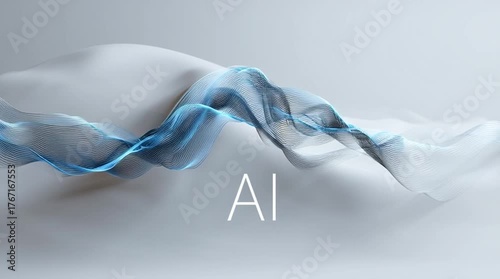 Abstract ai design featuring flowing blue lines and soft white background with text overlay
