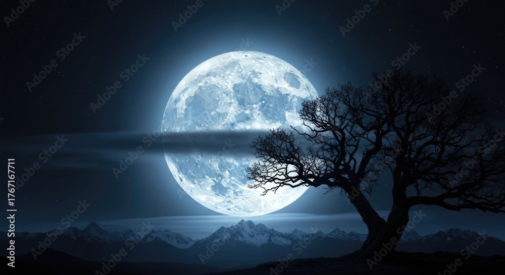 Fototapeta premium A full moon rising behind a tree with mountains in the background.