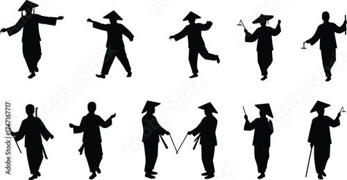 Traditional Asian silhouettes, conical hat figures, cultural dance artwork, martial arts poses, heritage illustration, festival celebration icons, oriental tradition design, culture