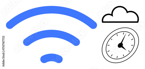 wireless signal icon in blue with a black-and-white cloud and clock, symbolizing connectivity, cloud computing, online synchronization, efficiency, digital solutions, and time-saving in a simple flat