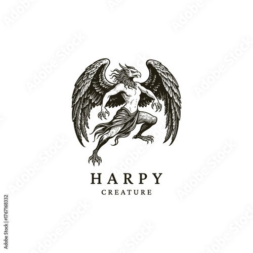 Fierce Harpy (Harpia) creature illustration from Greek mythology, rendered in a detailed vintage engraving or woodcut style. This powerful mythological design features a winged human-bird hybrid