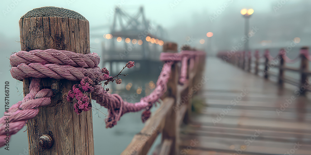 Fototapeta premium Foggy Atmosphere on Wooden Bridge with Pink Rope and Moody Lighting